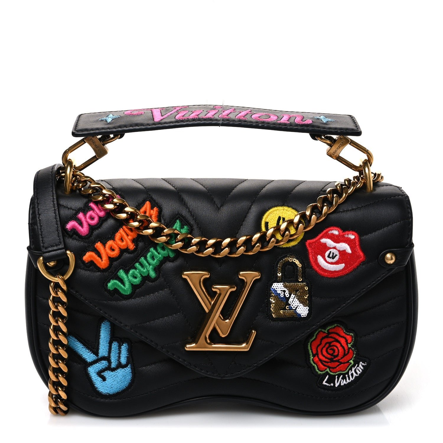 Louis Vuitton Calfskin Embroidered New Wave Chain MM Black