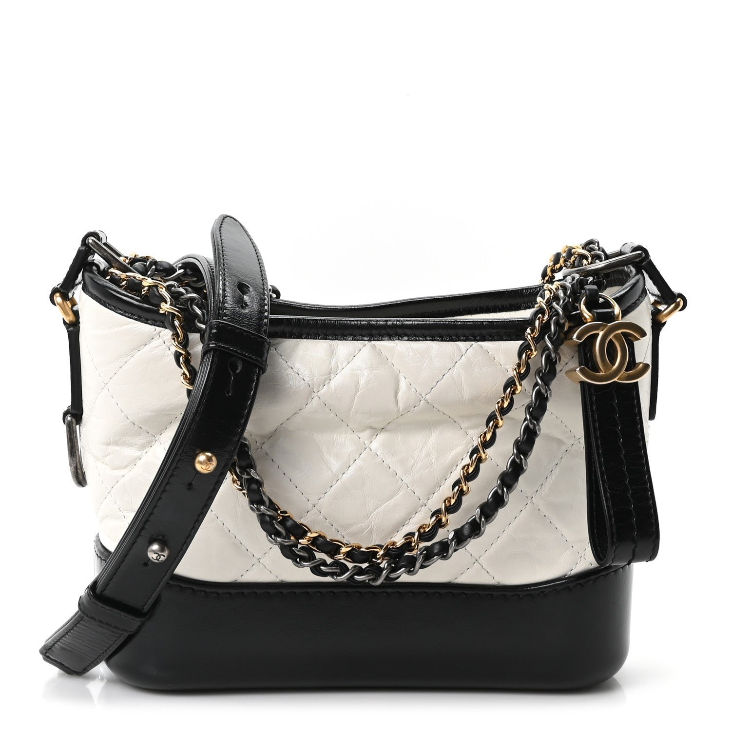 Chanel Aged Calfskin Quilted Small Gabrielle Hobo Black White