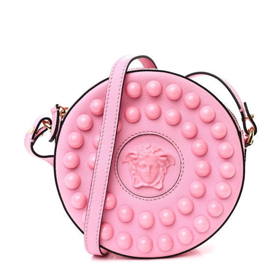 Versace Grained Calfskin Studded Mini La Medusa Round Crossbody Bag Pink