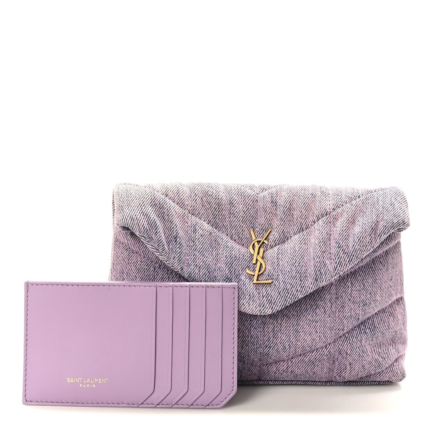 Saint Laurent Denim Quilted Loulou Puffer Monogram Pouch Clutch Bleached Lilac
