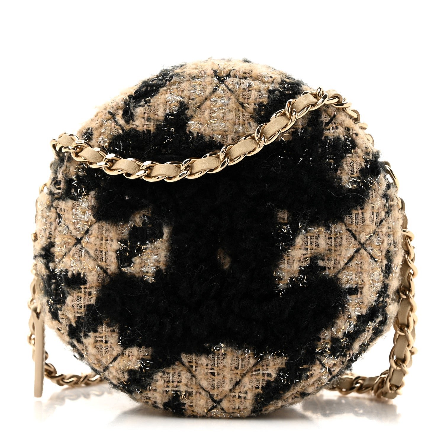 Chanel Tweed Shearling Round Clutch With Chain and Coin Purse Beige Black