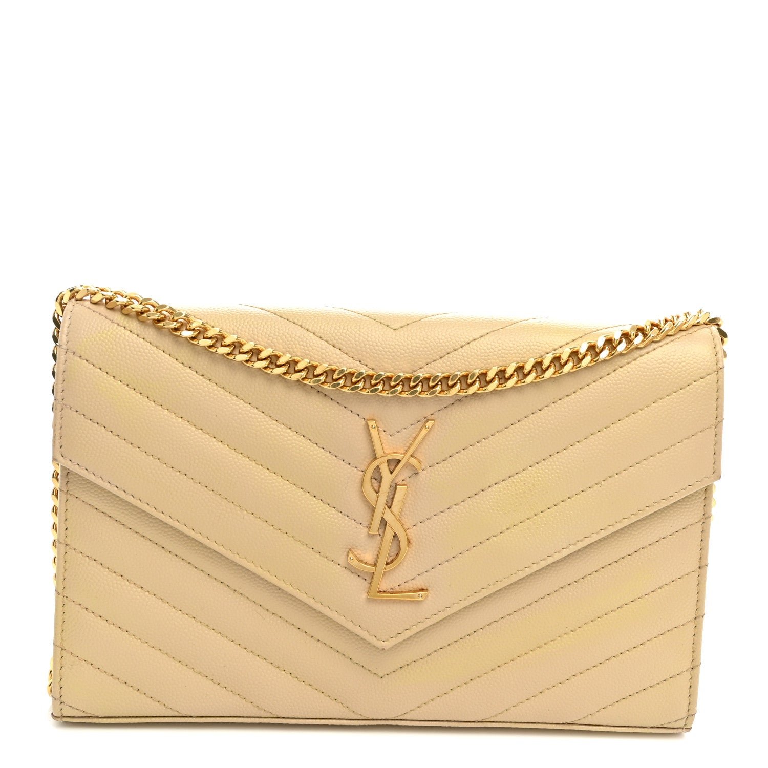 Saint Laurent Grain De Poudre Matelasse Chevron Monogram Chain Wallet Dark Beige