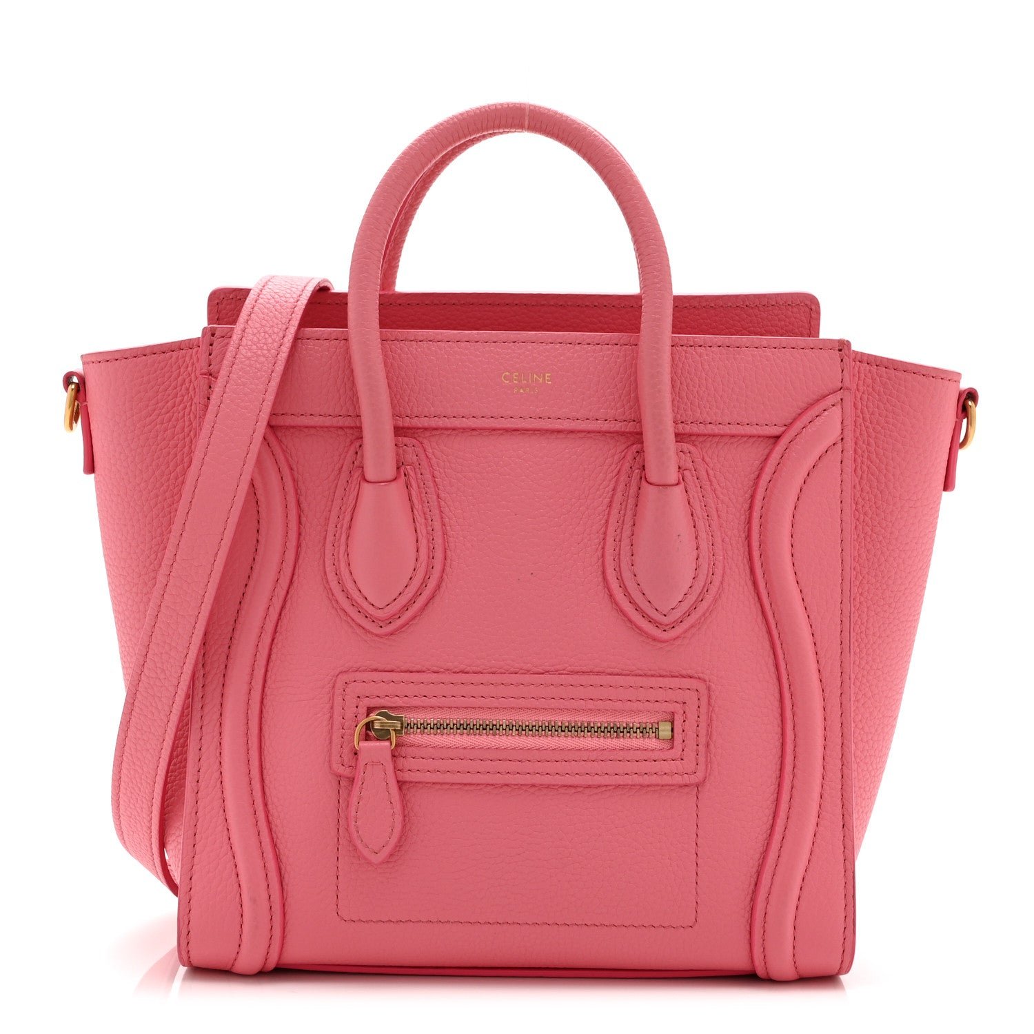 Celine Drummed Calfskin Nano Luggage Flamingo