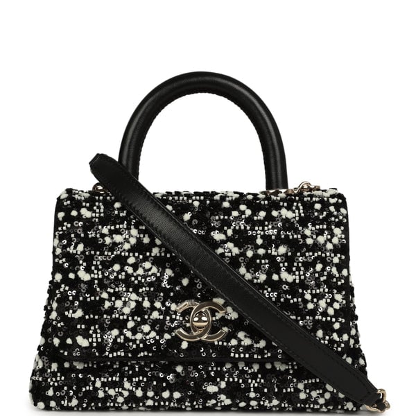 Chanel Mini Coco Handle Flap Bag Black, White Sequin, Beaded Light Gold Hardware