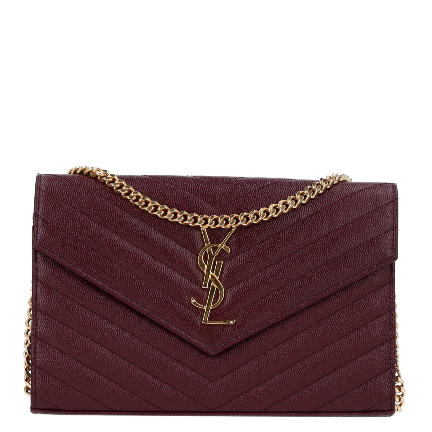Saint Laurent Grain De Poudre Matelasse Chevron Monogram Chain Wallet Rouge Legion