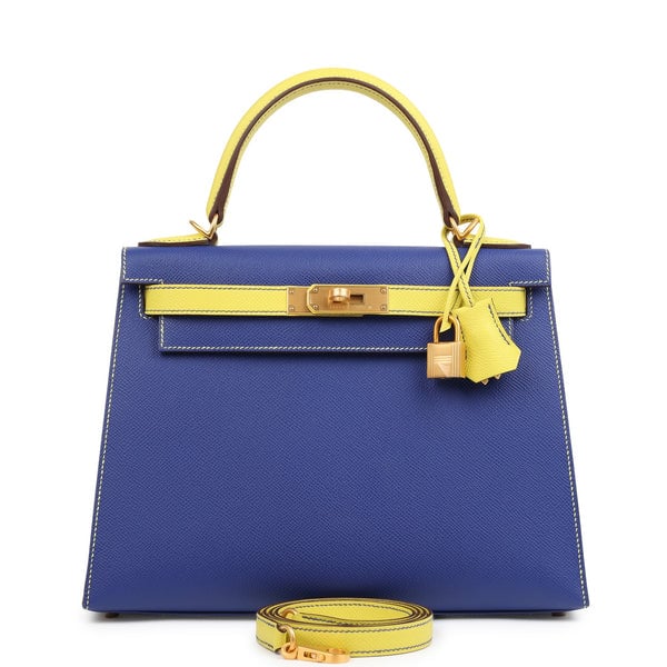 Hermes Hermes Special Order (HSS) Kelly Sellier 28 Bleu Electric and Lime Epsom Brushed Gold Hardware