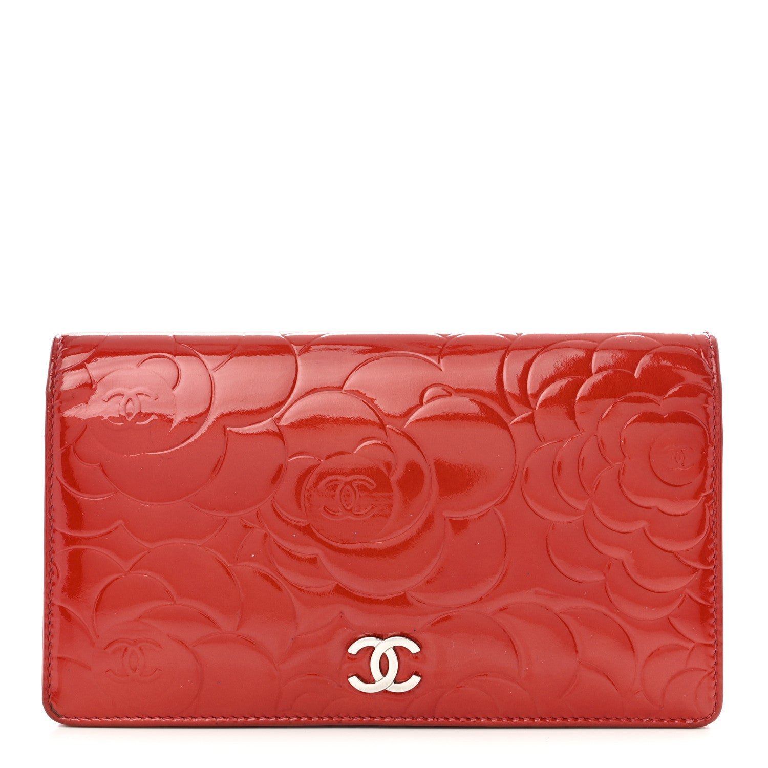 Chanel Patent Camellia Embossed Yen Wallet Red