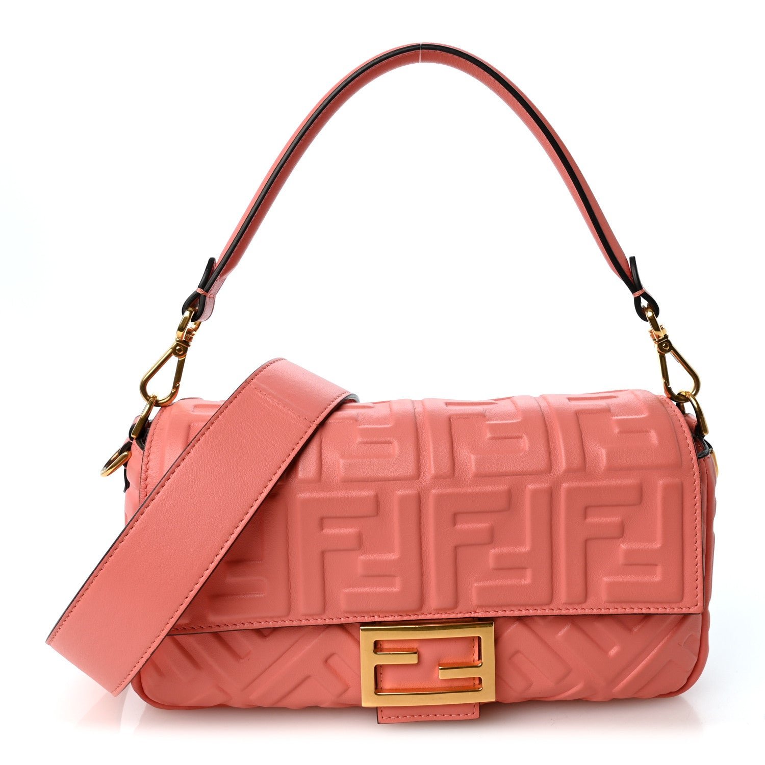 Fendi Nappa FF 1974 Embossed Baguette Rosa Pesca