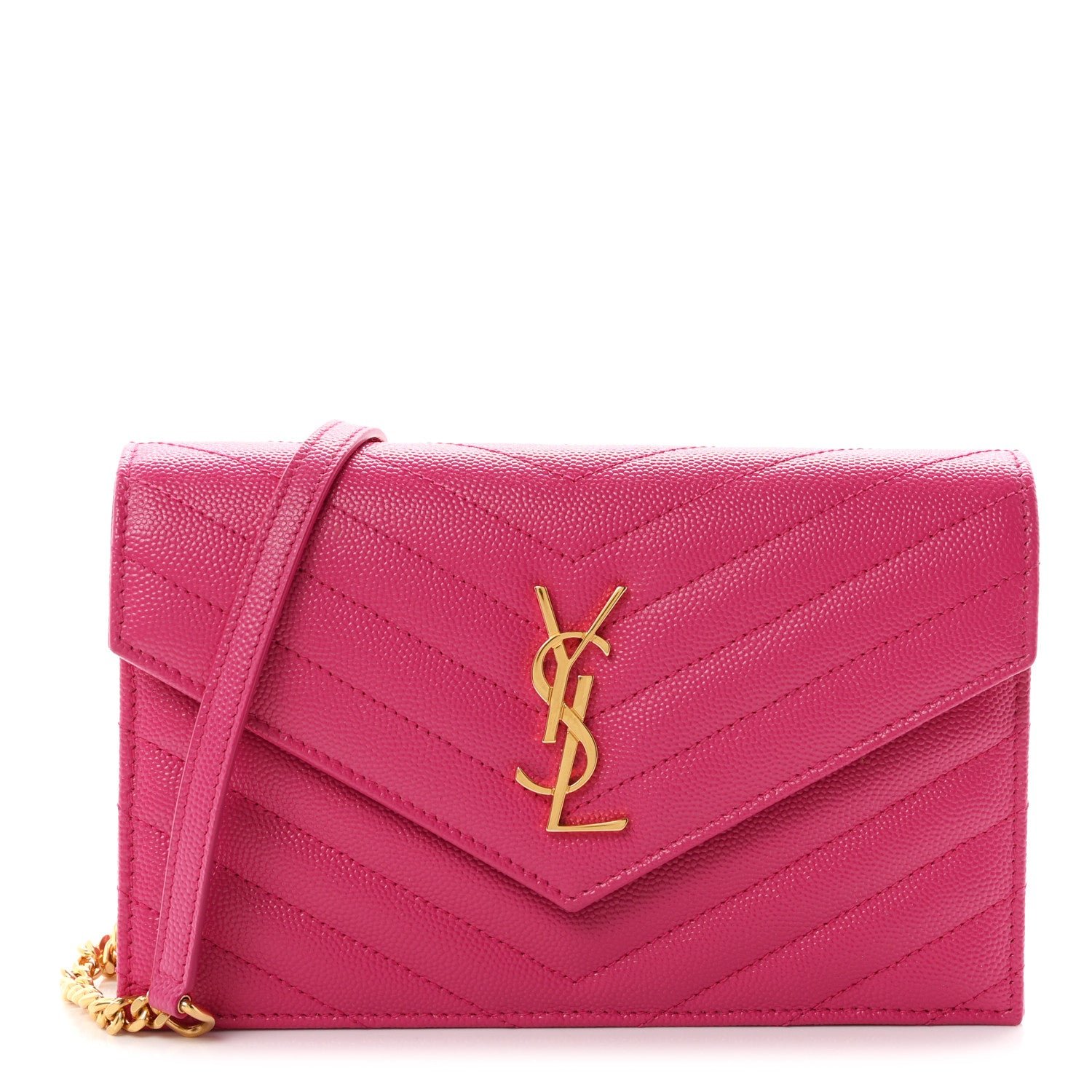 Saint Laurent Grain De Poudre Matelasse Chevron Monogram Envelope Chain Wallet Fuxia Couture