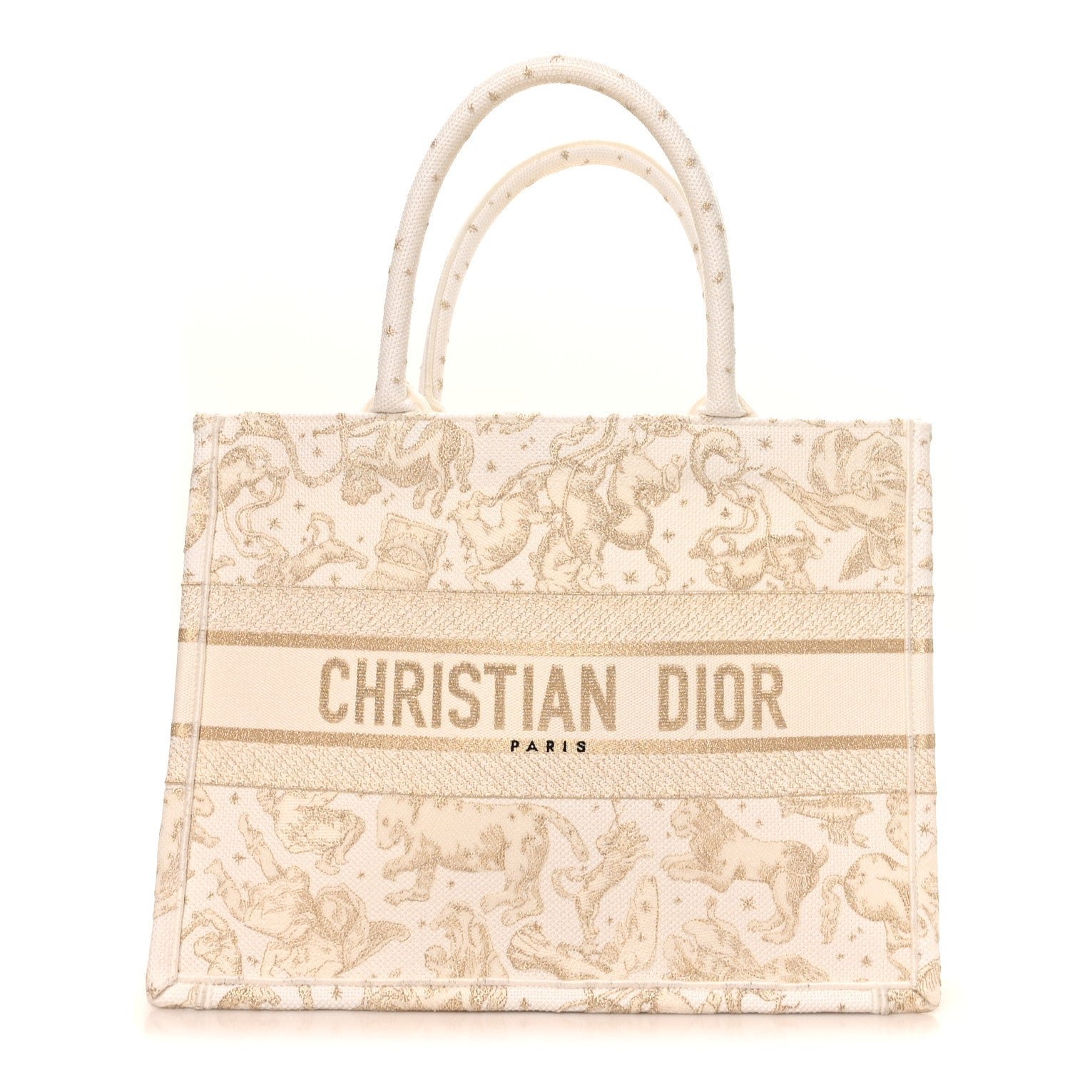 Christian Dior Canvas Embroidered Medium Saint Barth Zodiac Book Tote Gold
