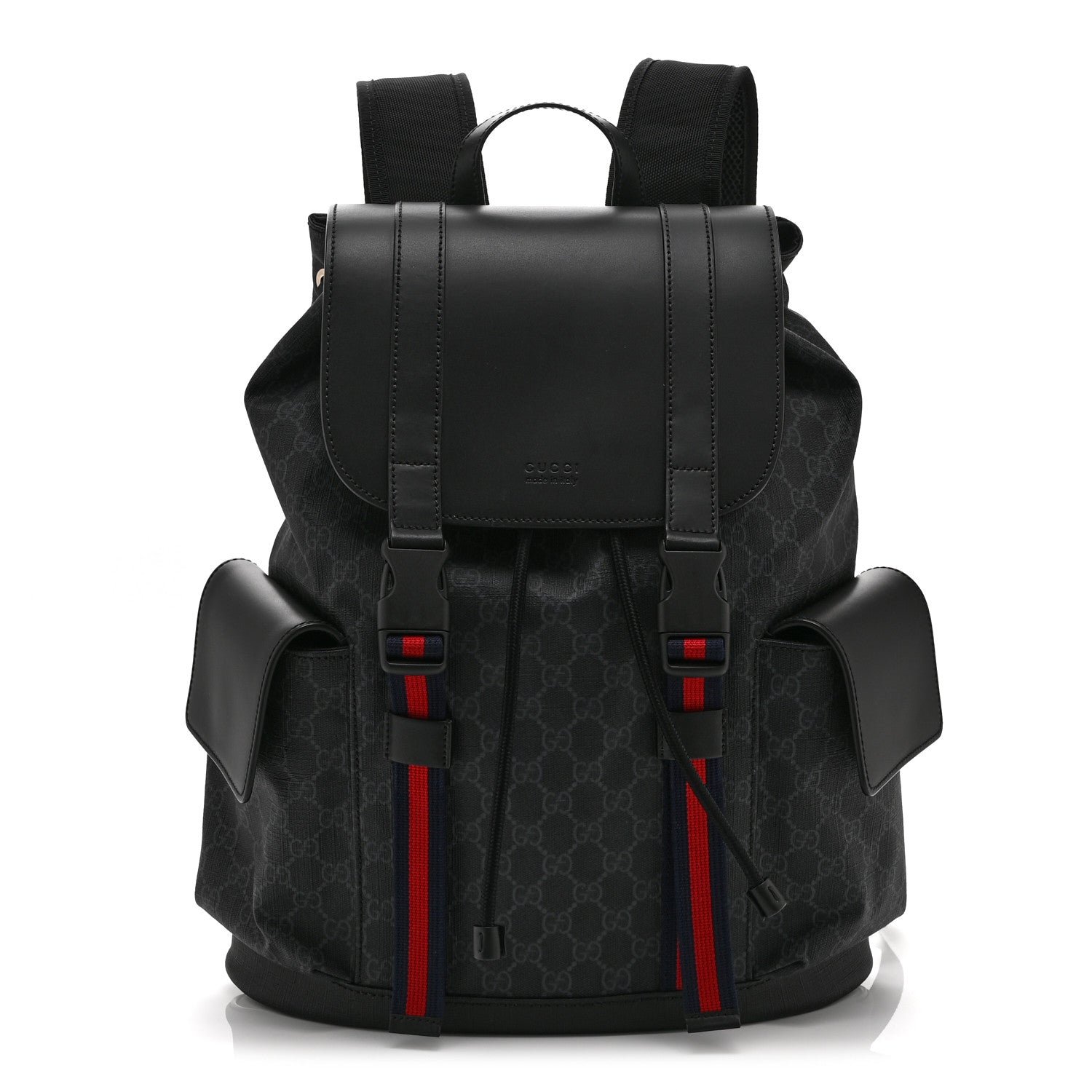 Gucci Soft GG Supreme Monogram Calfskin Web Double Buckle Backpack Black
