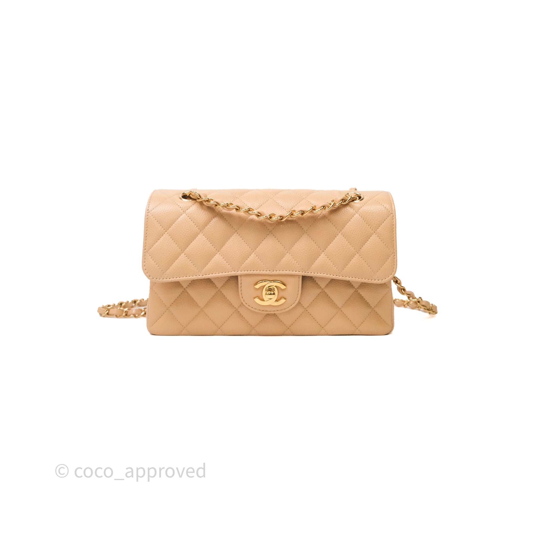 Chanel Small Classic Quilted Flap Beige Caviar Gold Hardware