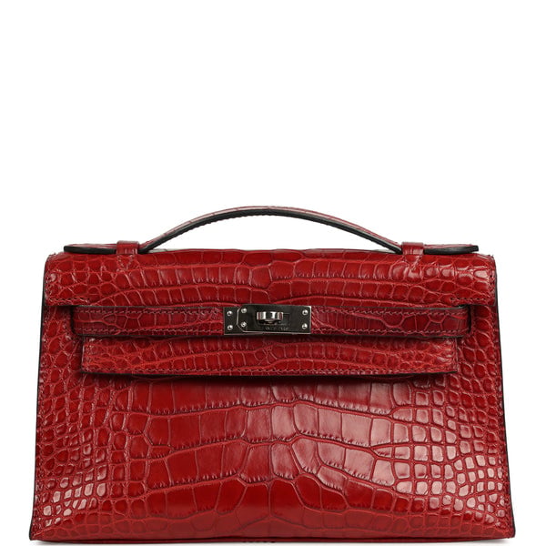 Pre-owned Hermes Kelly Pochette Rouge H Matte Alligator Mississippiensis Palladium Hardware