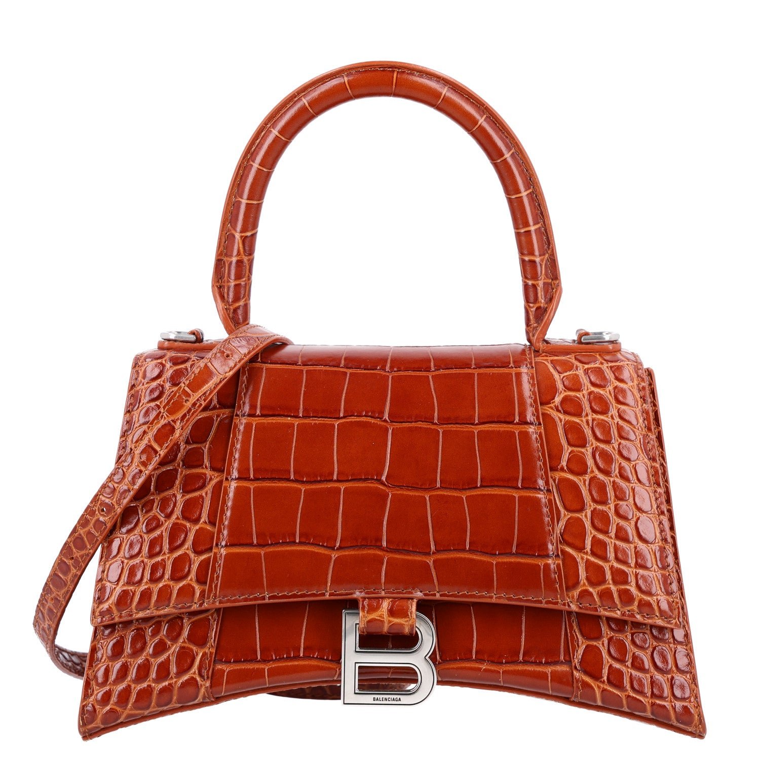Balenciaga Shiny Calfskin Crocodile Embossed Small Hourglass Top Handle Bag Camel