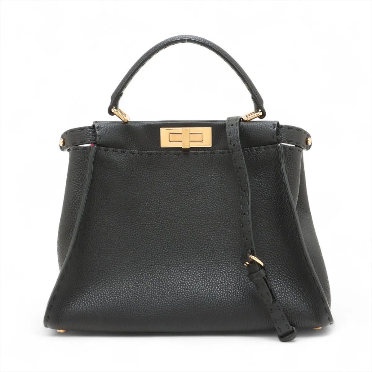 Fendi PEEKABOO REGULAR Selleria Leather 2 Way Handbag Black 8BN226