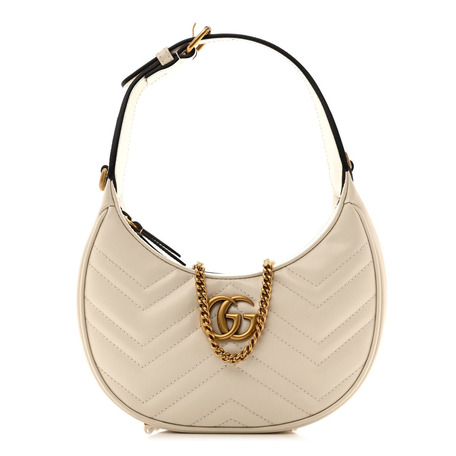 Gucci Calfskin Matelasse Chevron Mini GG Marmont Half Moon Hobo Mystic White