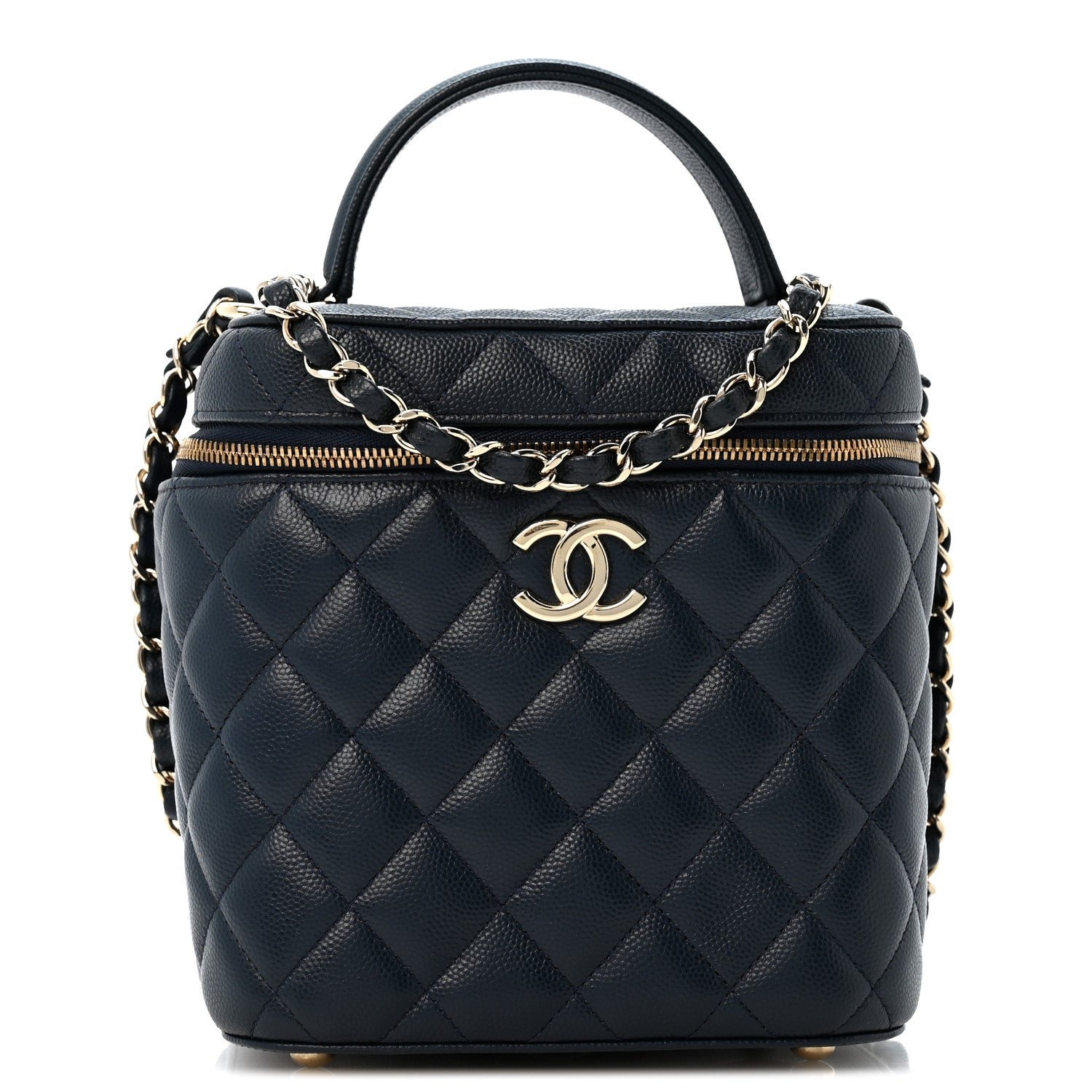 Chanel Caviar Quilted Small Top Handle Vanity Case With Chain Navy Blue