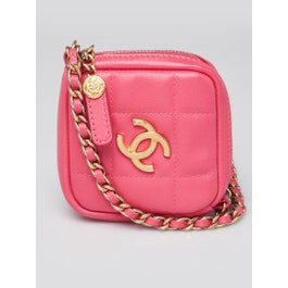 Chanel Pink Square Quilted Lambskin Leather Mini Diamond CC Clutch with Chain Bag