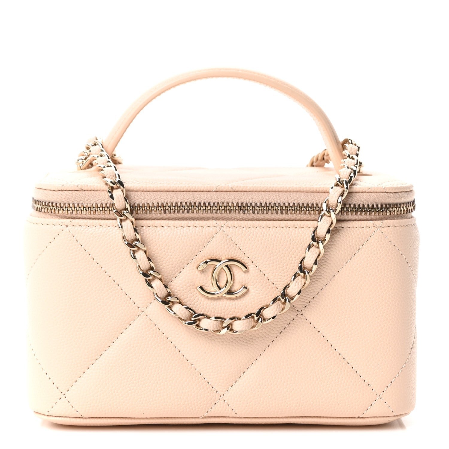 Chanel Caviar Quilted Top Handle Long Vanity Beige