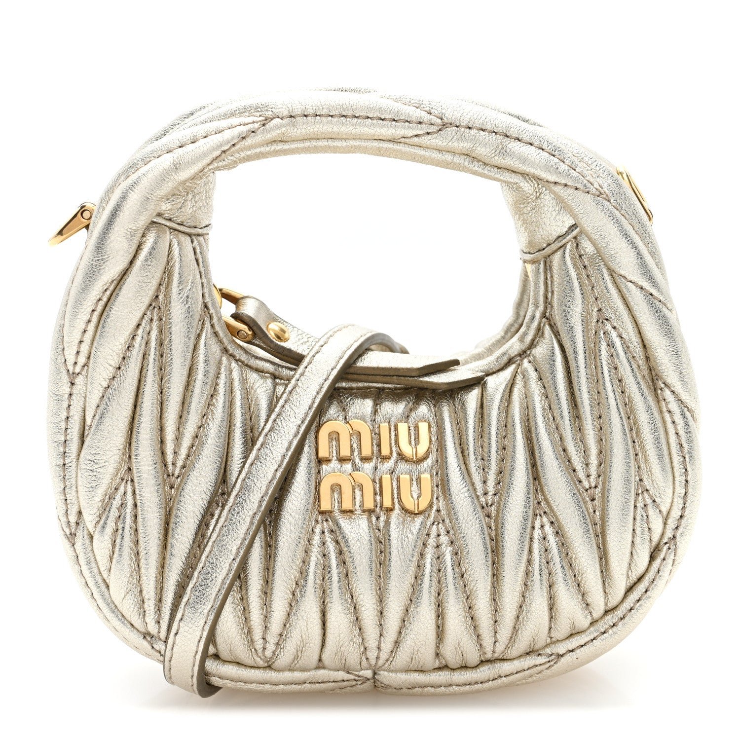 Miu Miu Metallic Nappa Matelasse Micro Wander Hobo Pirite Pirite