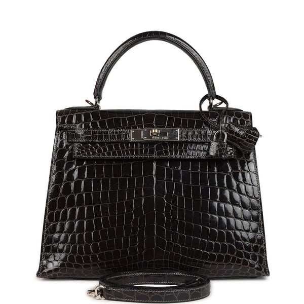 Hermes Vintage Hermes Kelly Sellier 28 Gris Fonce Shiny Niloticus Crocodile Palladium Hardware