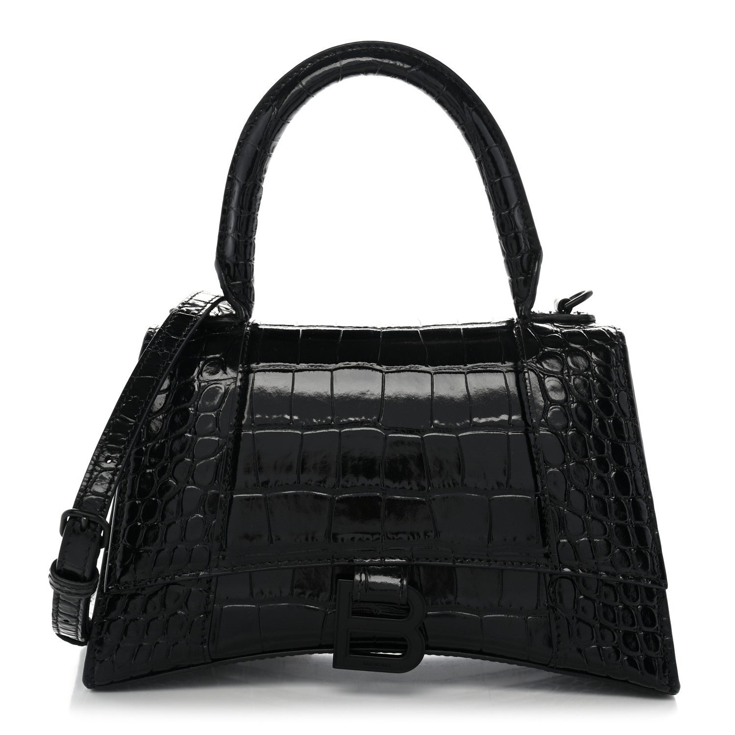 Balenciaga Shiny Calfskin Monochrome Crocodile Embossed Small Hourglass Top Handle Bag Black