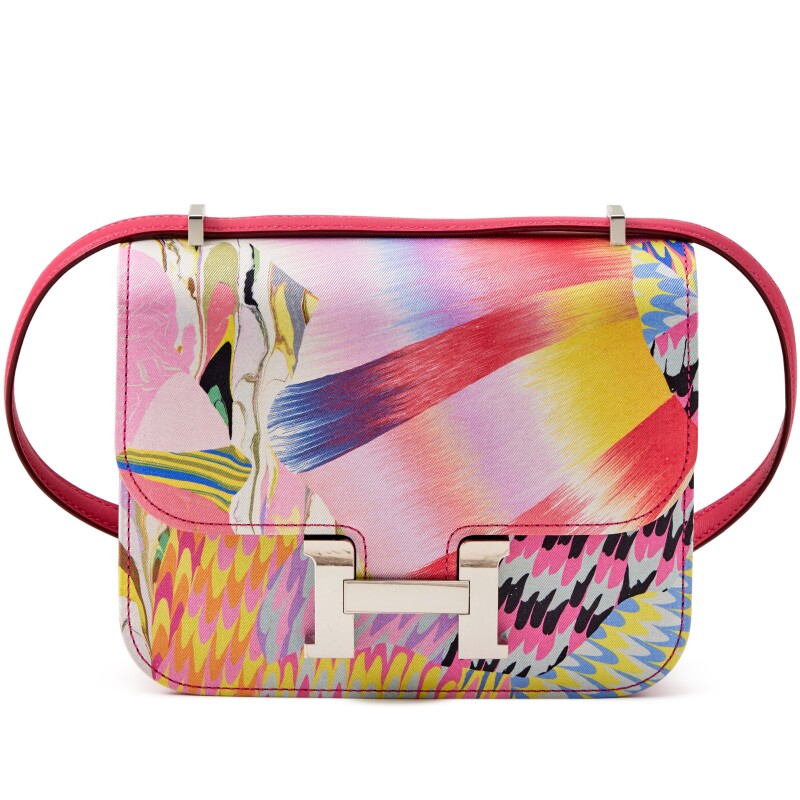 Hermes Limited Edition Rose Mexico Swift and Marble Silk Mini Constance 18 Palladium Hardware, 2021