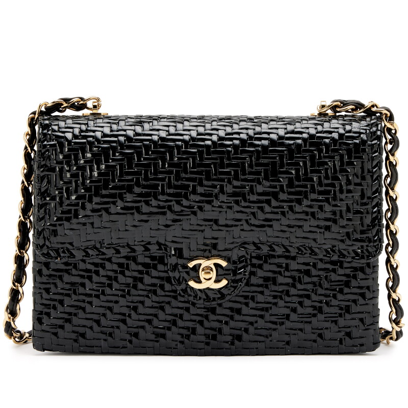 Vintage Black Rattan Wicker Medium Flap Bag Gold Hardware, 2000-2002