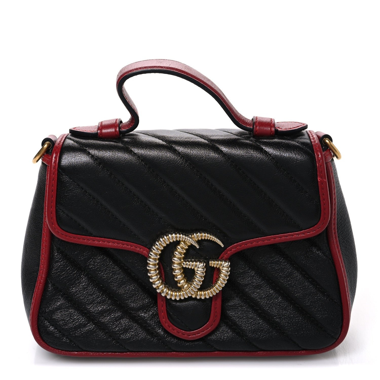 Gucci Vintage Effect Calfskin Matelasse Diagonal Mini Torchon GG Marmont Top Handle Shoulder Bag Black Romantic Cherry