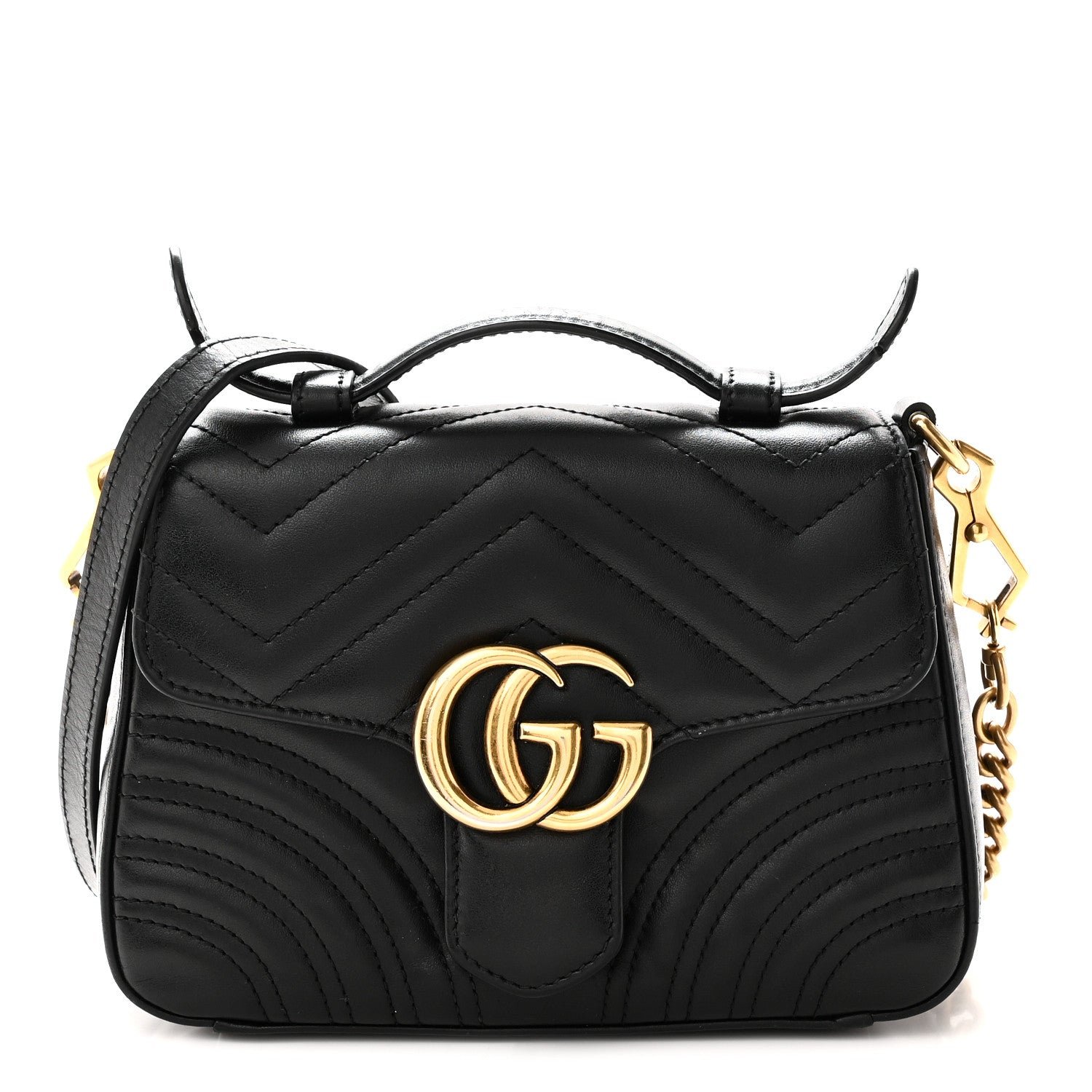 Gucci Calfskin Matelasse Mini GG Marmont Top Handle Shoulder Bag Black