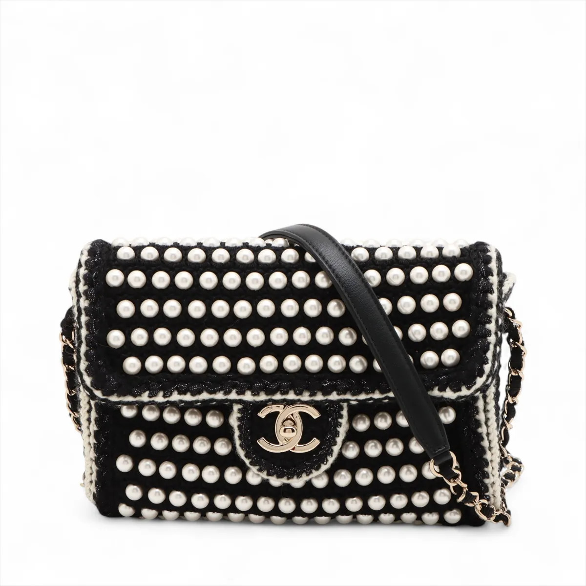 Chanel Coco Mark Fabric Chain Shoulder Bag Pearl Crochet Black × White Gold Meta