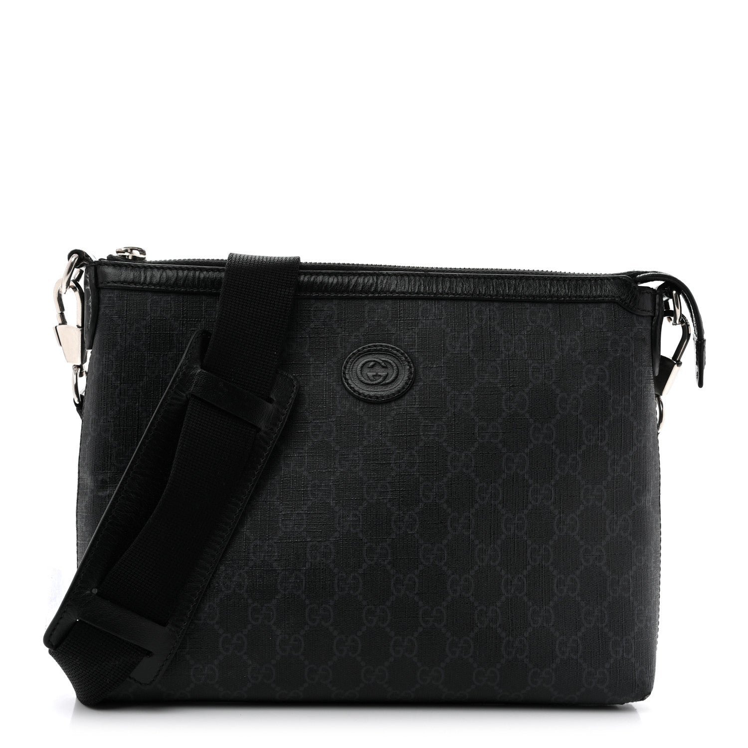Gucci GG Supreme Monogram Azalea Calfskin Retro Interlocking G Wristlet Messenger Bag Black