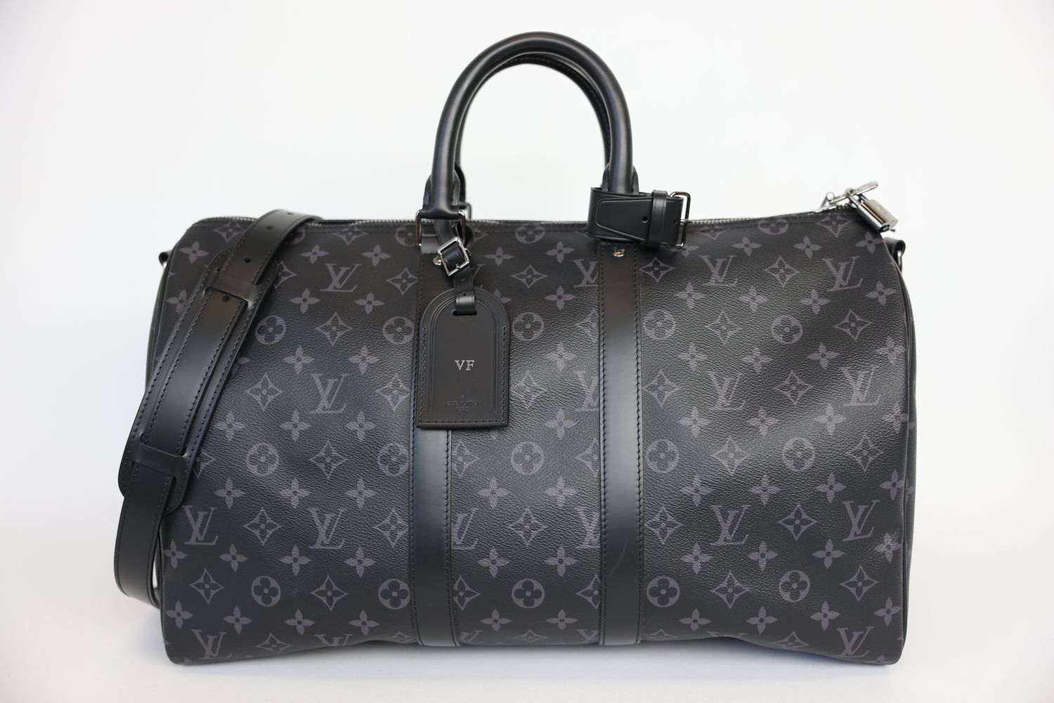 Louis Vuitton Louis Vuitton Keepall Bandouliere 45 Bag, Black Monogram Eclipse Canvas and Silver Hardware, Preowned in Dustbag WA001