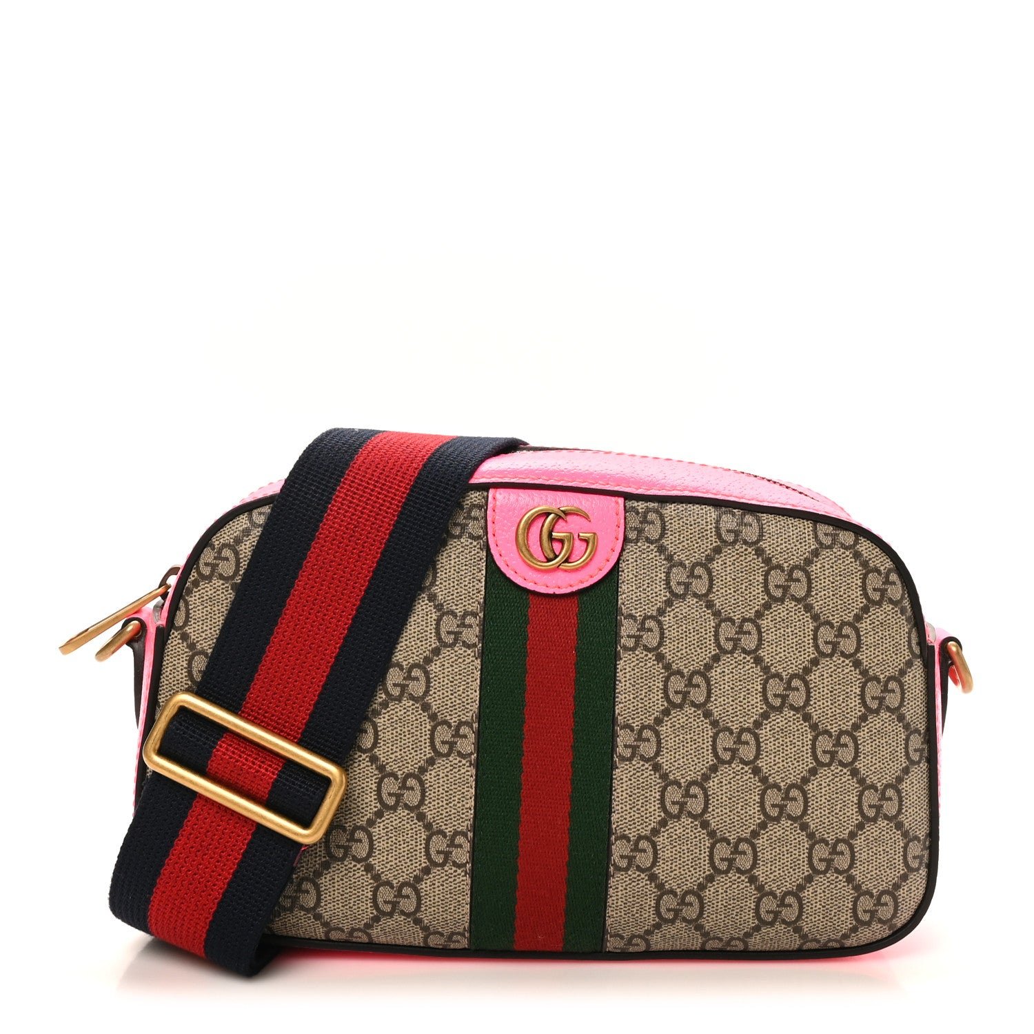 Gucci GG Supreme Monogram Textured Dollar Calfskin Web Ophidia Small Crossbody Bag Beige Ebony Fuchsia