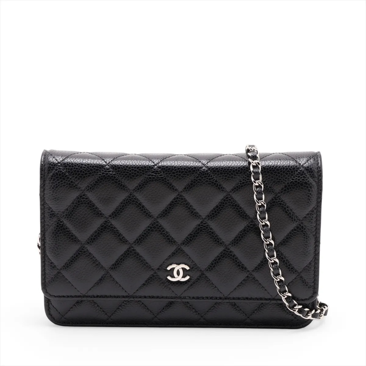 Chanel Matelasse Caviar Skin Chain Wallet Black Silver Metal Fittings random pla