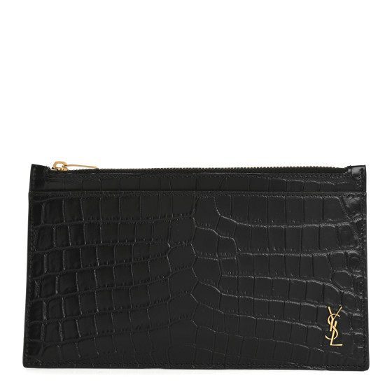 Saint Laurent Calfskin Crocodile Embossed Monogram Bill Pouch Black