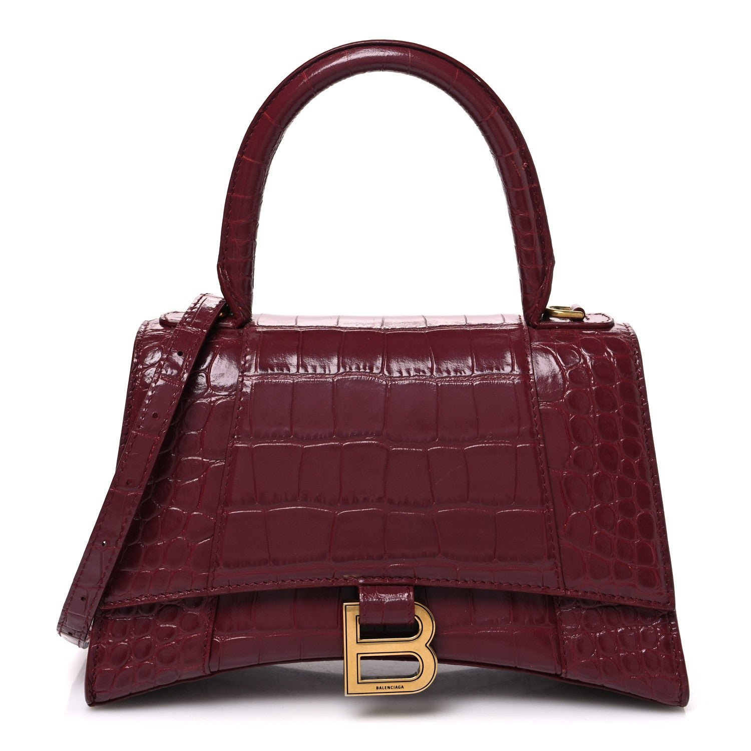 Balenciaga Shiny Calfskin Crocodile Embossed Small Hourglass Top Handle Bag Dark Red