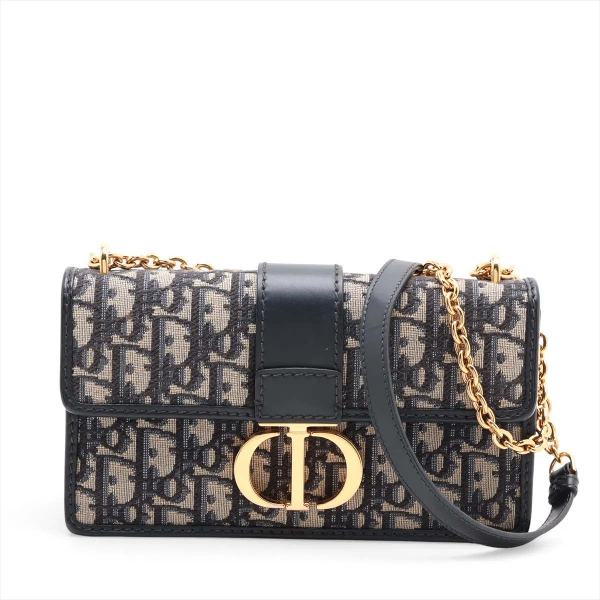 Christian Dior Oblique Montaigne Canvas & Leather Chain Shoulder Bag Navy Blue