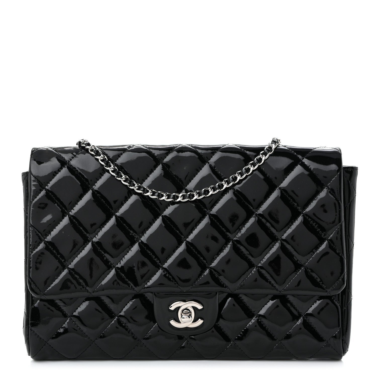 Chanel Patent Quilted Clutch with Chain Flap Black