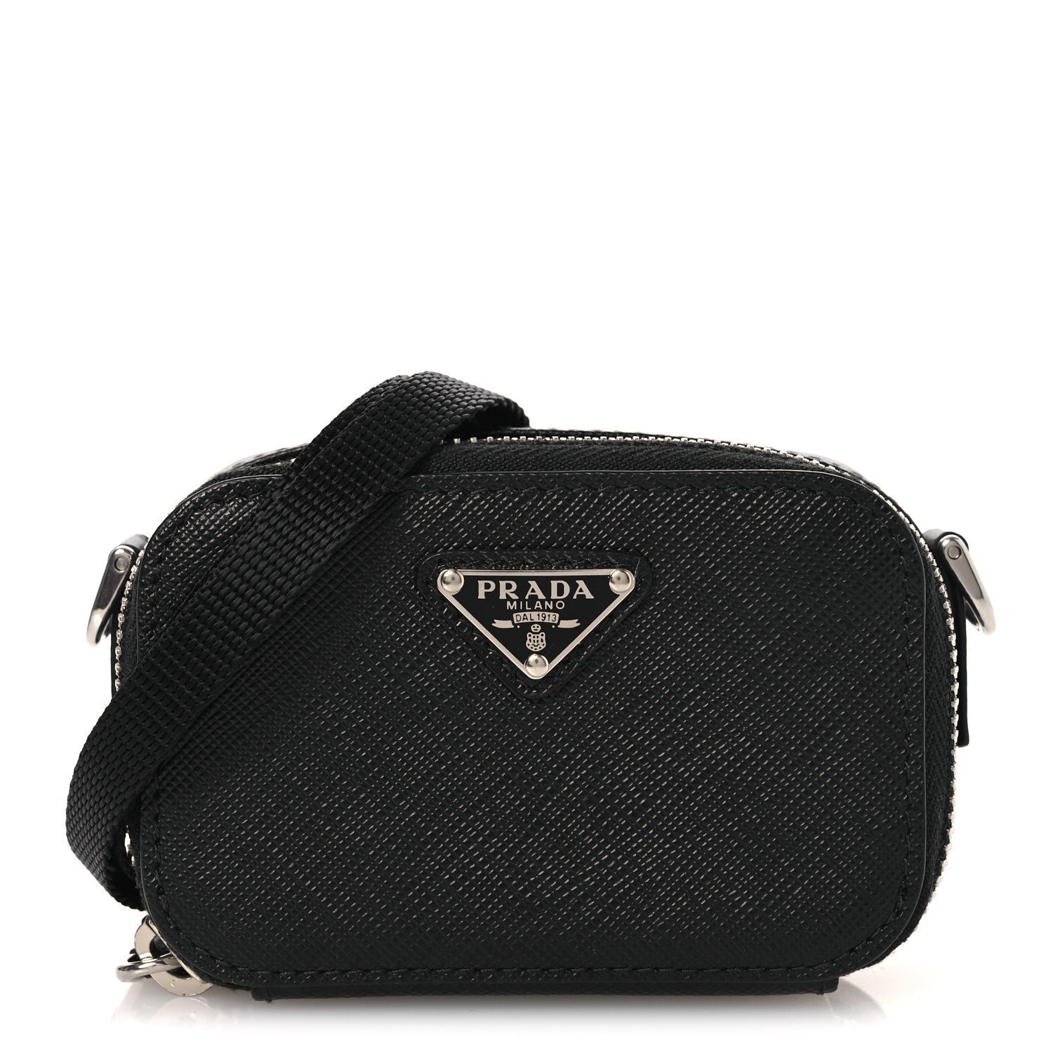 Prada Saffiano Travel Metal Triangle Logo Mini Pouch Shoulder Bag Black