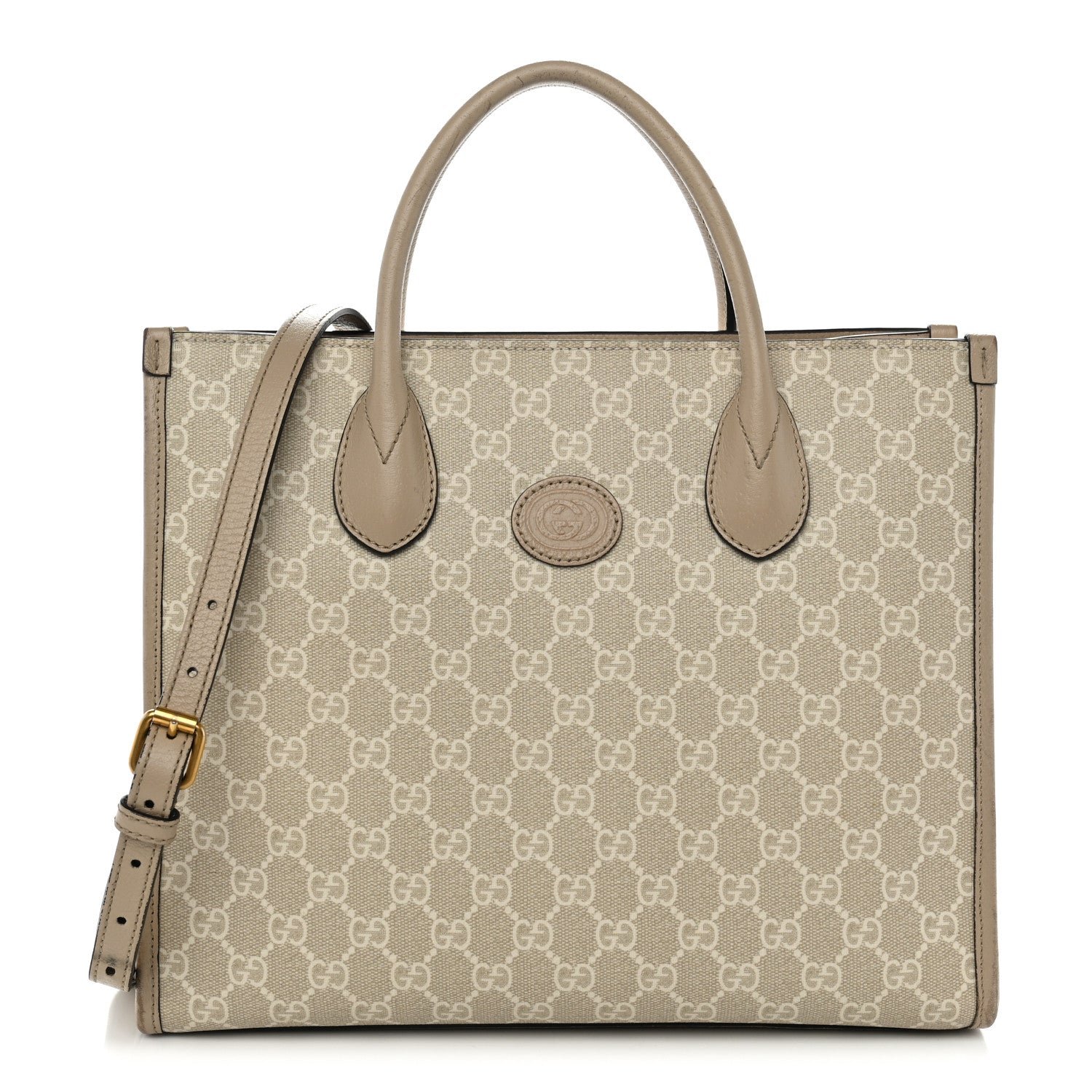 Gucci GG Supreme Monogram Textured Dollar Calfskin Small Retro Interlocking G Tote Bag Beige Mystic White Oatmeal