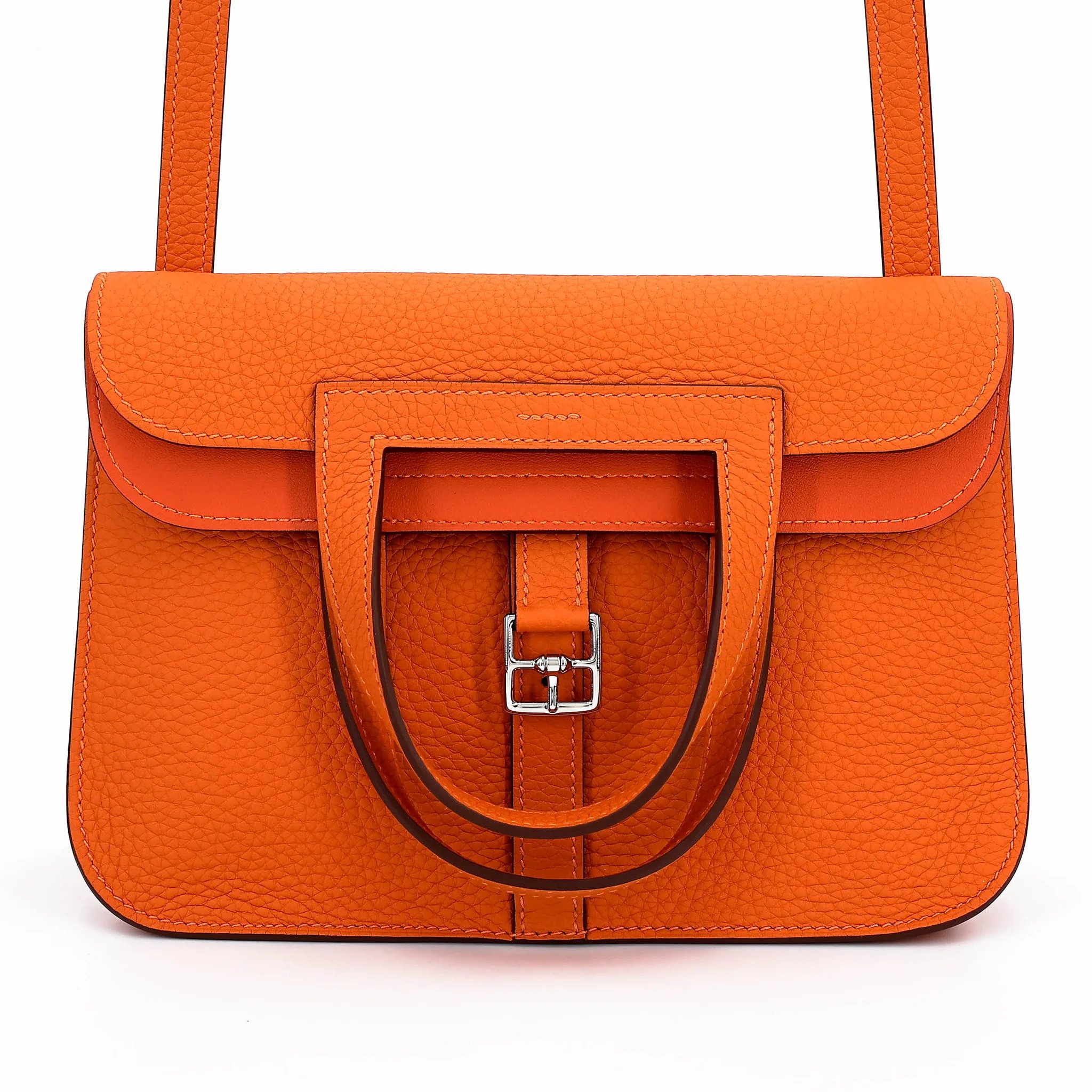Unused ( Rank NS ) HERMÈS Halzan 25 Orange (93) Clemence Palladium hardware B (2023)