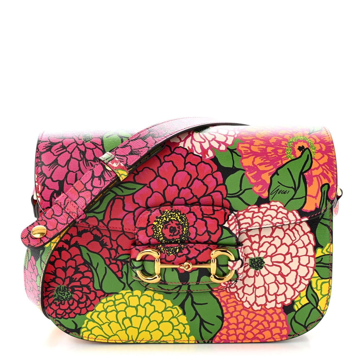 Gucci X KEN SCOTT New Shangai Calfskin Pomponica Print Horsebit 1955 Shoulder Bag  Multicolor Fuxia Pompon