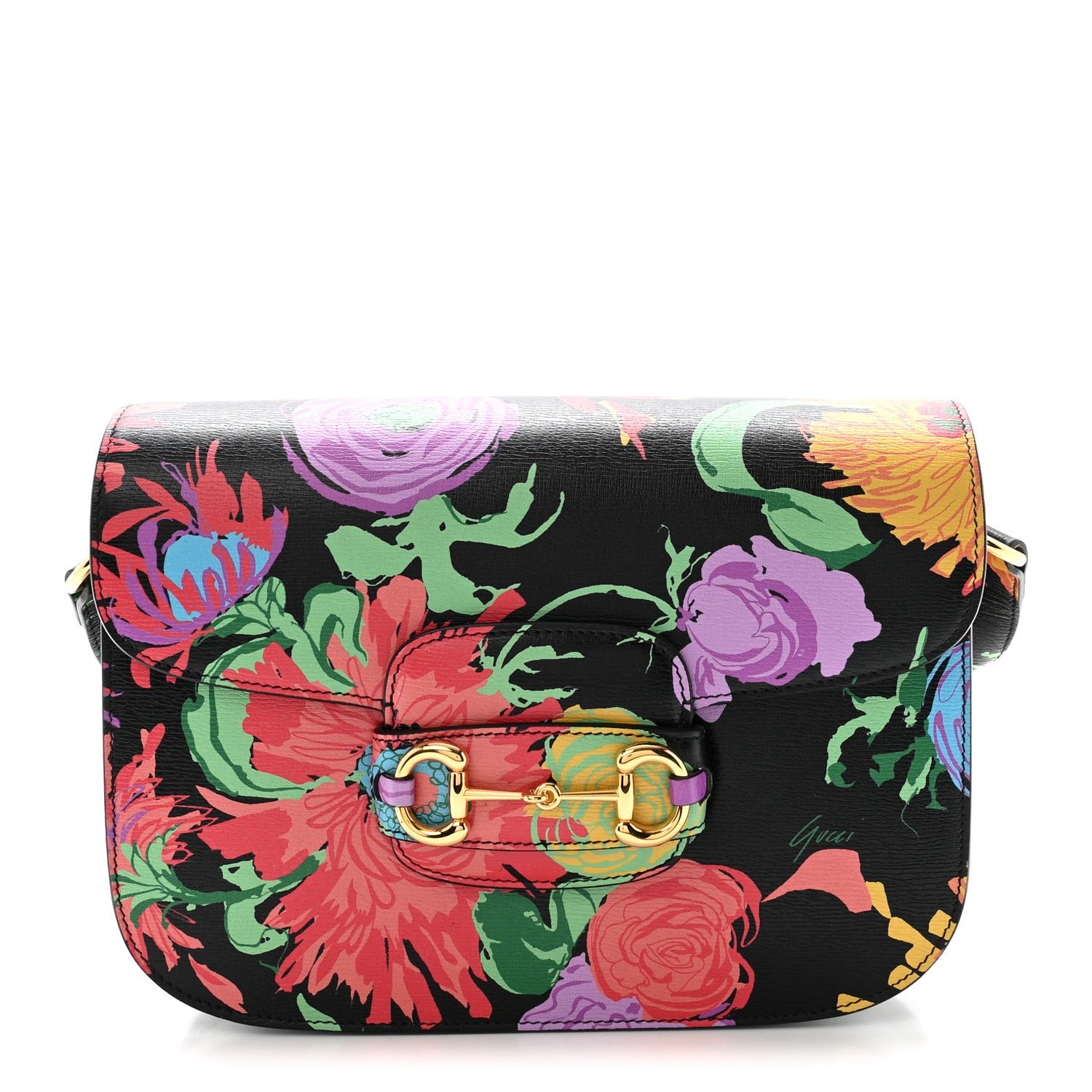 Gucci X KEN SCOTT New Shangai Calfskin Jenny Floral Print Horsebit 1955 Shoulder Bag Black Pink