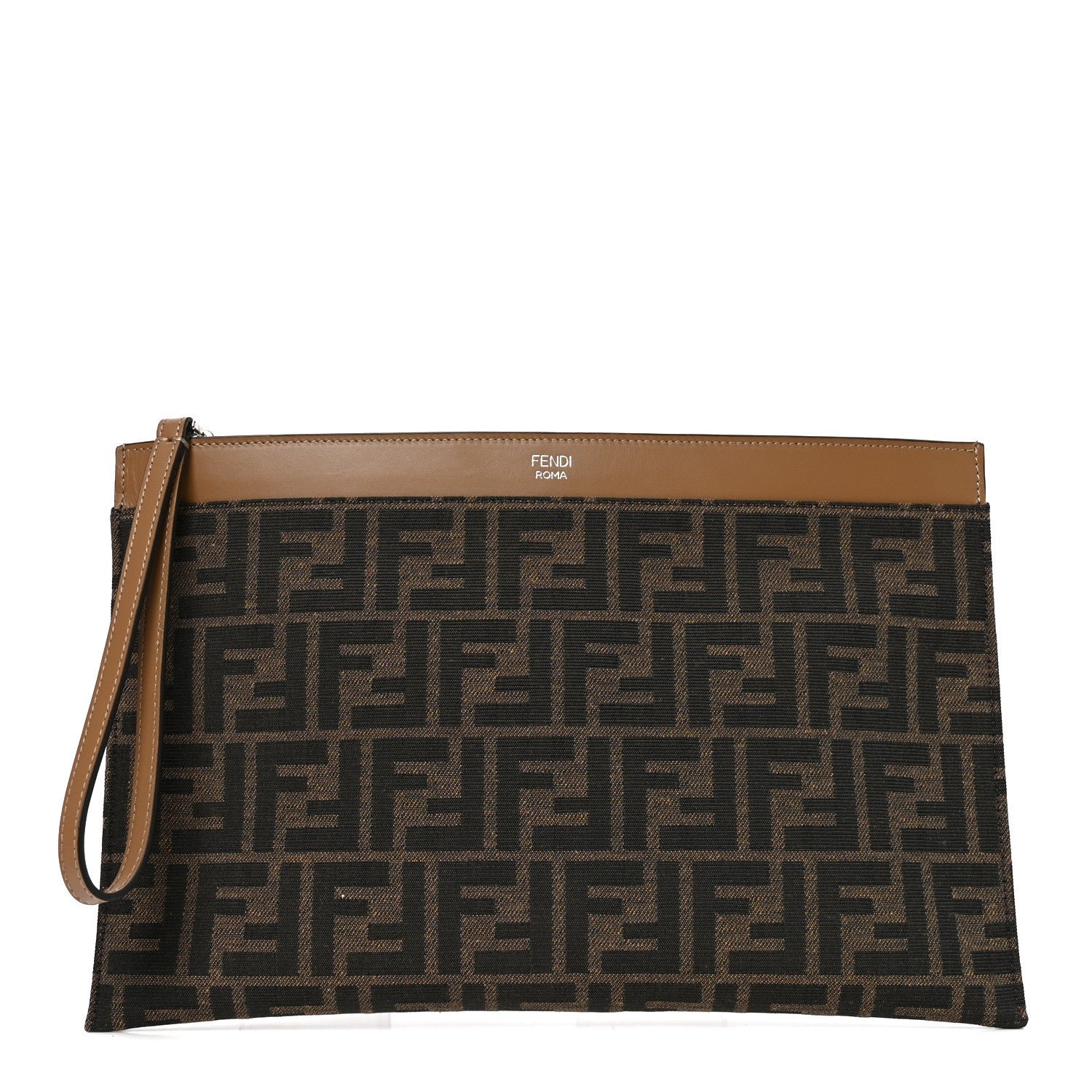 Fendi Vitello King Jacquard FF 1974 Medium Flat Pouch Tobacco Moro Sand
