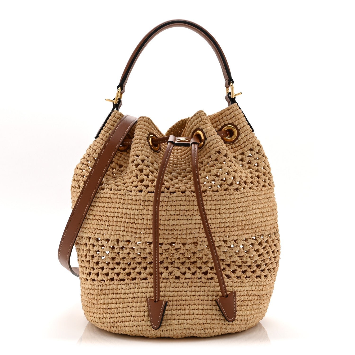 Celine Raffia Woven Clara Drawstring Bucket Bag Natural Tan