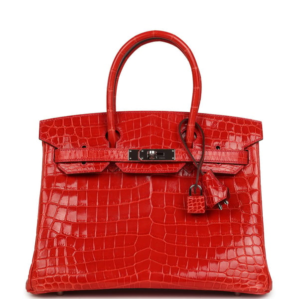 Pre-owned Hermes Birkin 30 Geranium Shiny Niloticus Crocodile Palladium Hardware