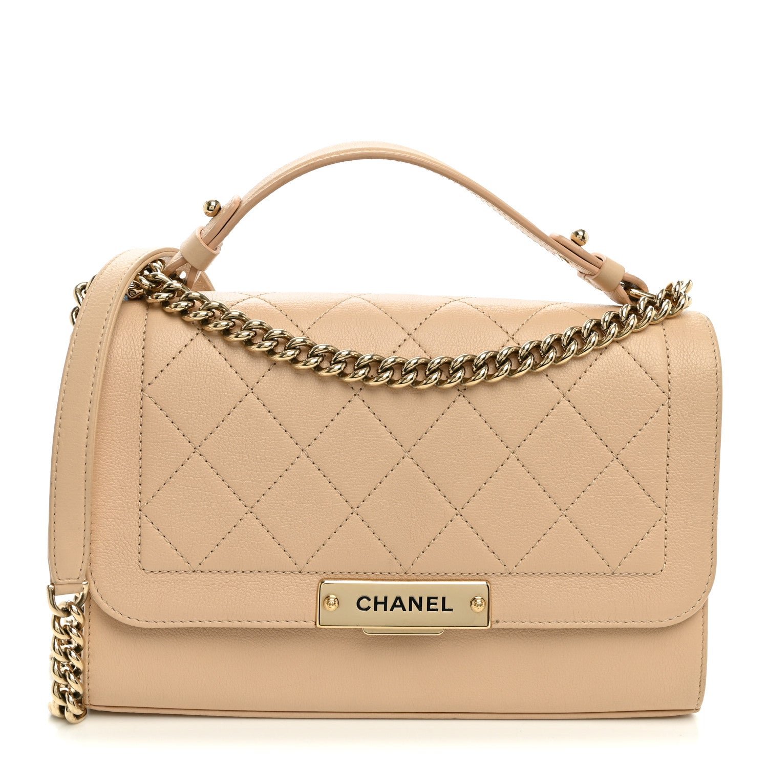 Chanel Grained Calfskin Quilted Medium Label Click Flap Bag Beige