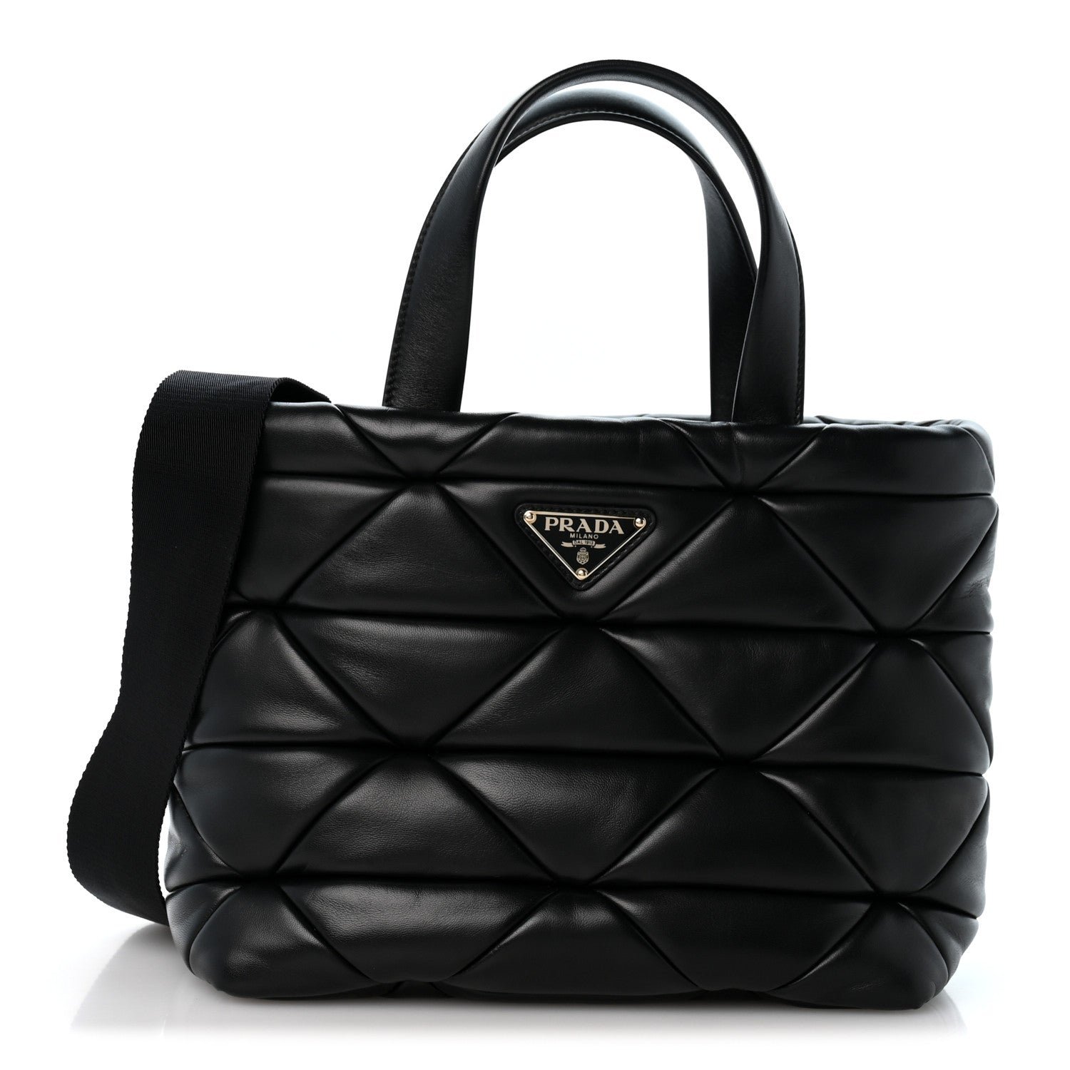 Prada Nappa Triangle Quilted Padded Double Handled Zip Pocket Tote Black