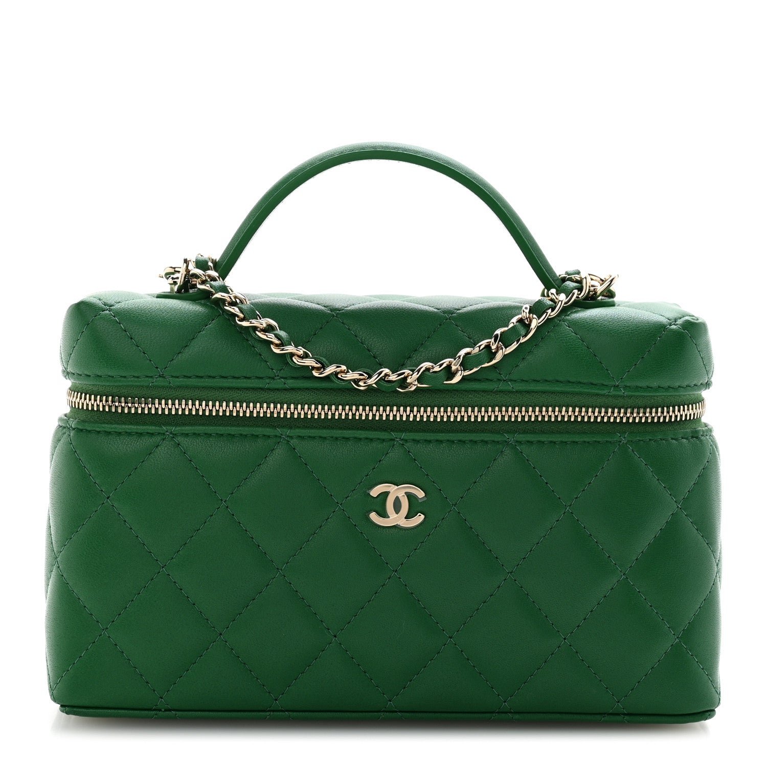 Chanel Lambskin Quilted Top Handle Slim Vanity With Chain Green